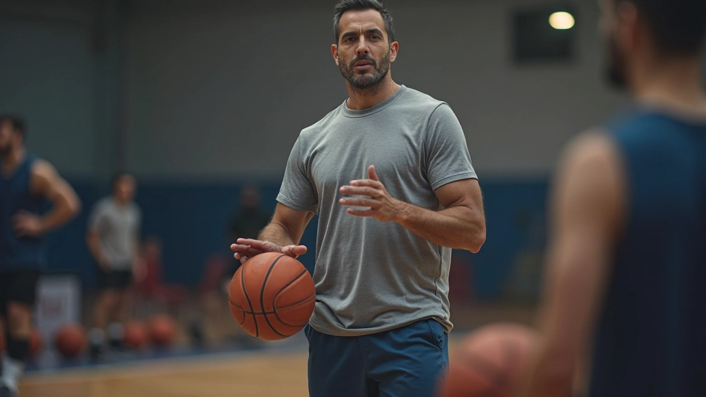 مدرب كرة سلة يوضح تمارين التدريب للاعبين الشباب على الملعب