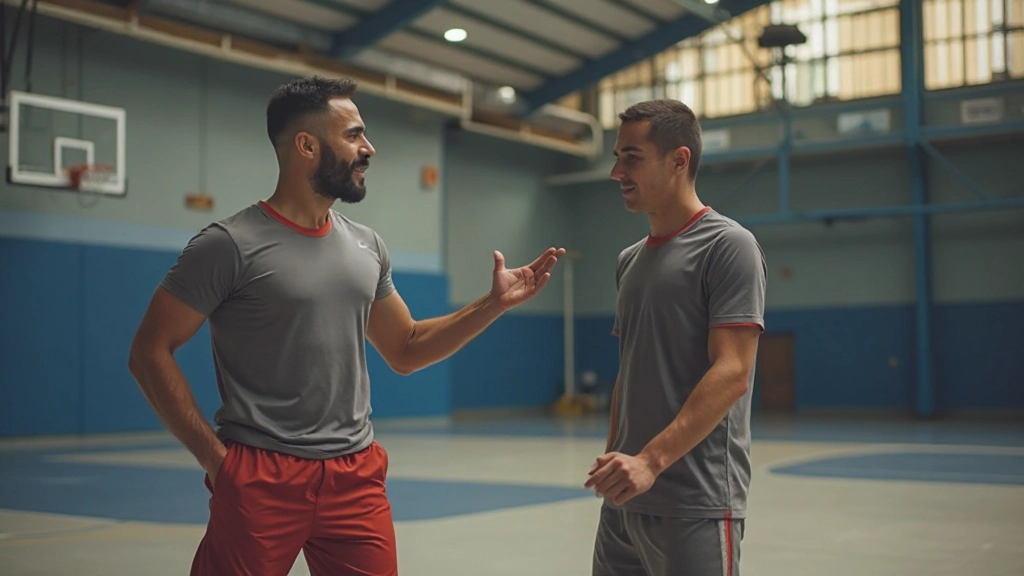 مدرب كرة سلة يوضح حركات الدفاع والاستجابة السريعة مع لاعب شاب