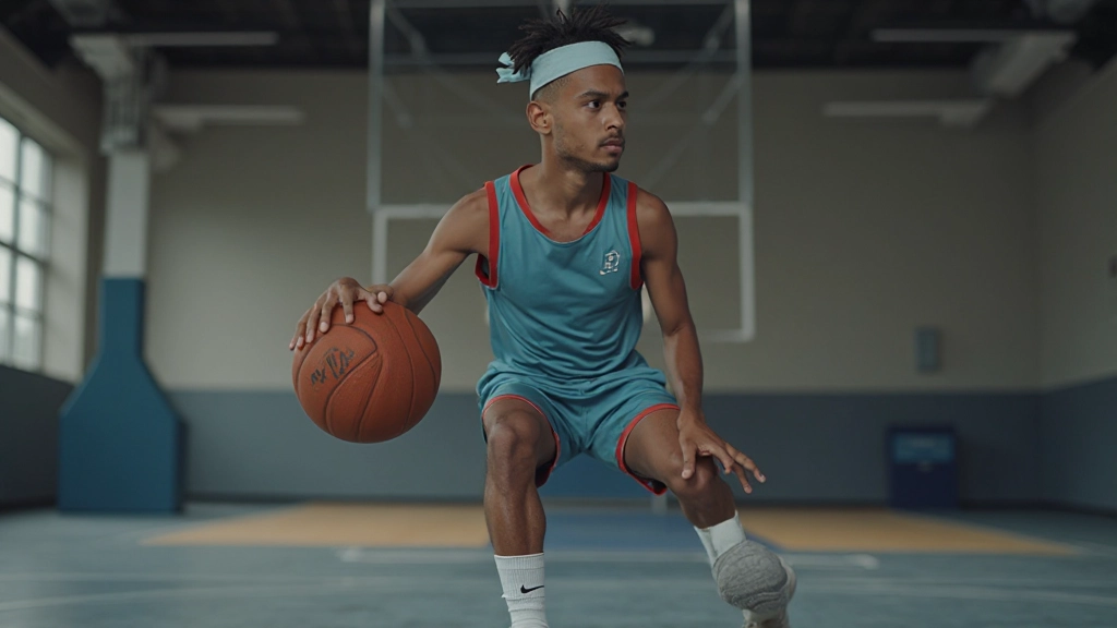 لاعب كرة سلة يوضح تقنية المراوغة الأساسية بتركيز عالي