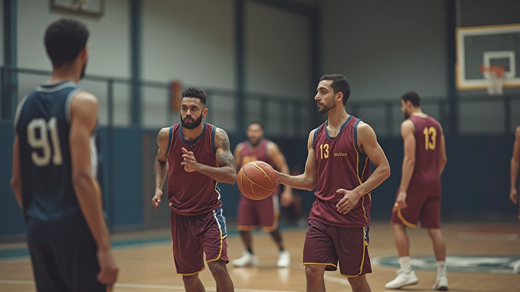 لاعبو كرة السلة يمارسون تمارين التمرير المنسق والحركة الجماعية على الملعب