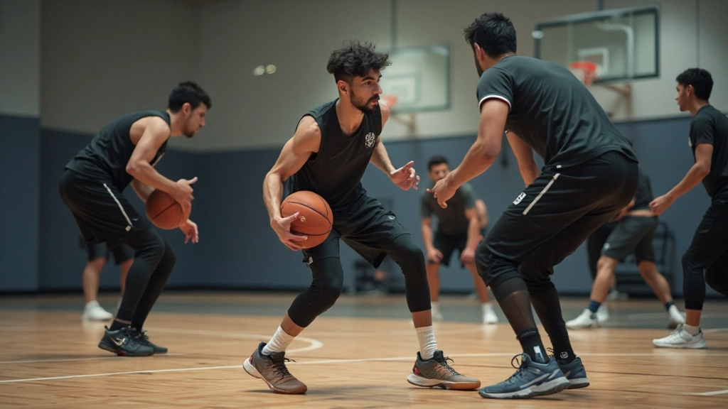 فريق من لاعبي كرة السلة يمارسون تمارين دفاعية في صالة الرياضة