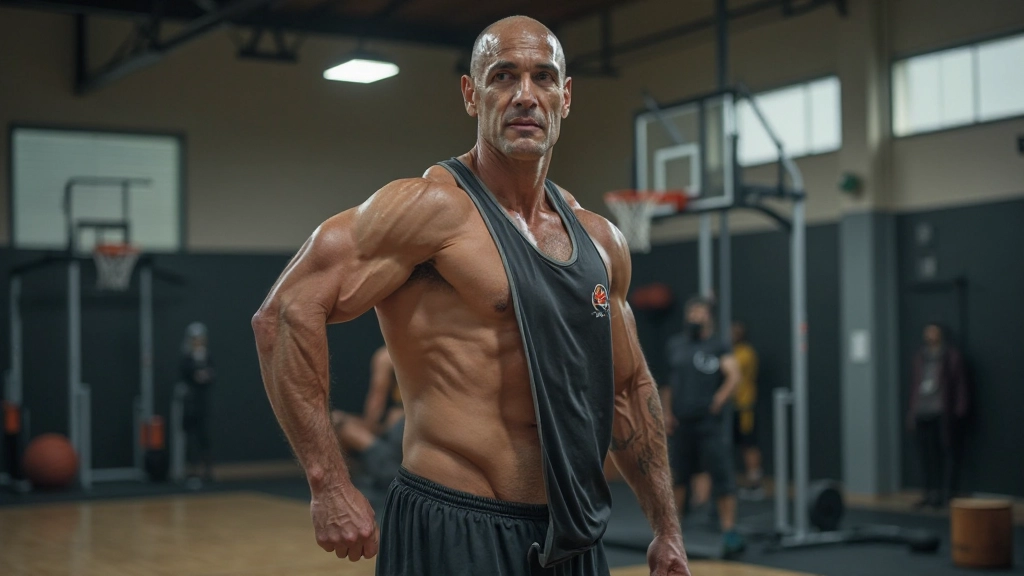 مدرب كرة سلة يوضح تمارين التكييف البدني والقوة لفريق من اللاعبين الشباب في قاعة التدريب