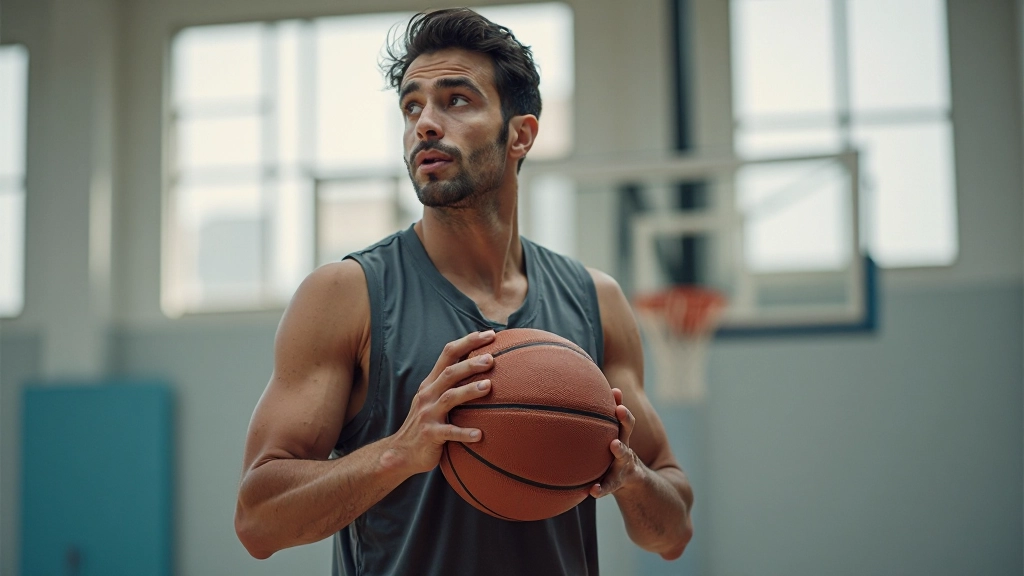 لاعب كرة سلة يوضح الموقف الصحيح والتركيز على التصويب في صالة التدريب المضاءة جيداً