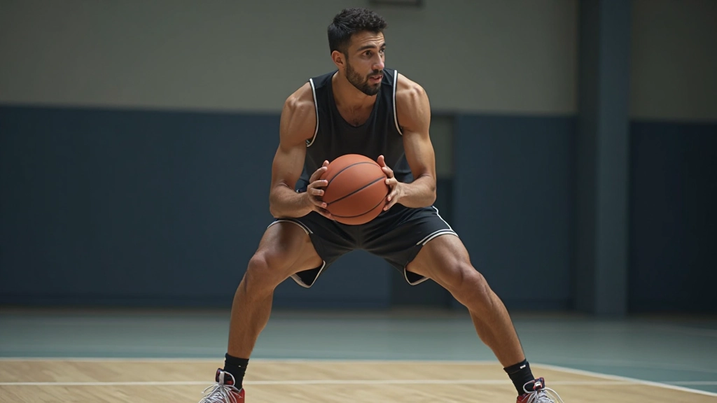 لاعب كرة سلة في موقف دفاعي صحيح مع قدمين متباعدتين وركبتين منحنيتين